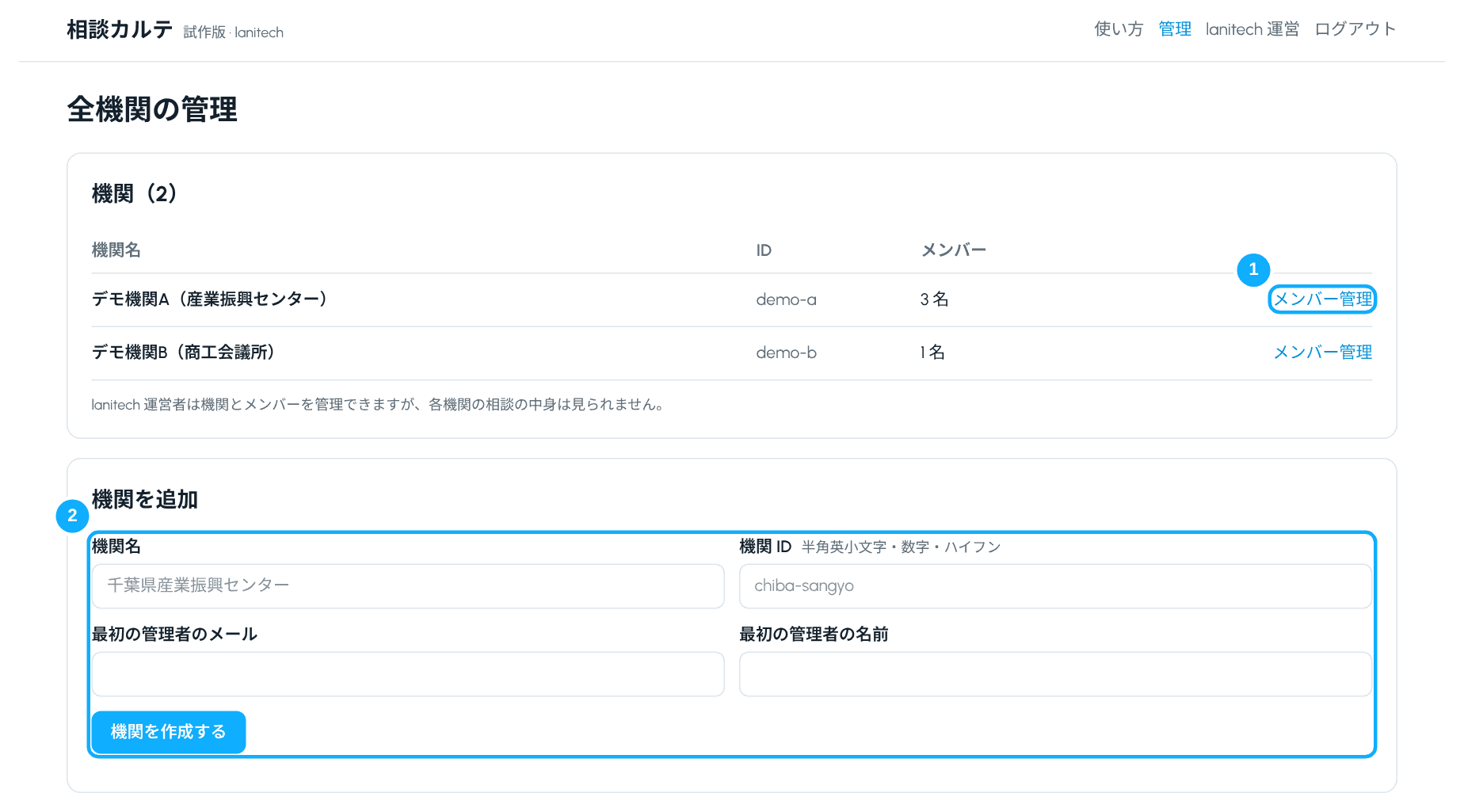 全機関の管理画面